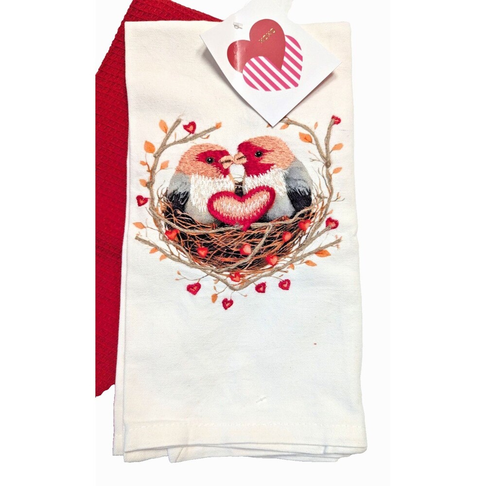 Love Birds In Nest Hearts Kitchen Towels Embroidered 2-Pc Love Valentine Gift